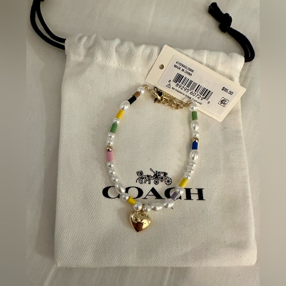 COACH Pearl Heart Flex Gold-Plated Bead Bracelet NEW - Picture 1 of 5